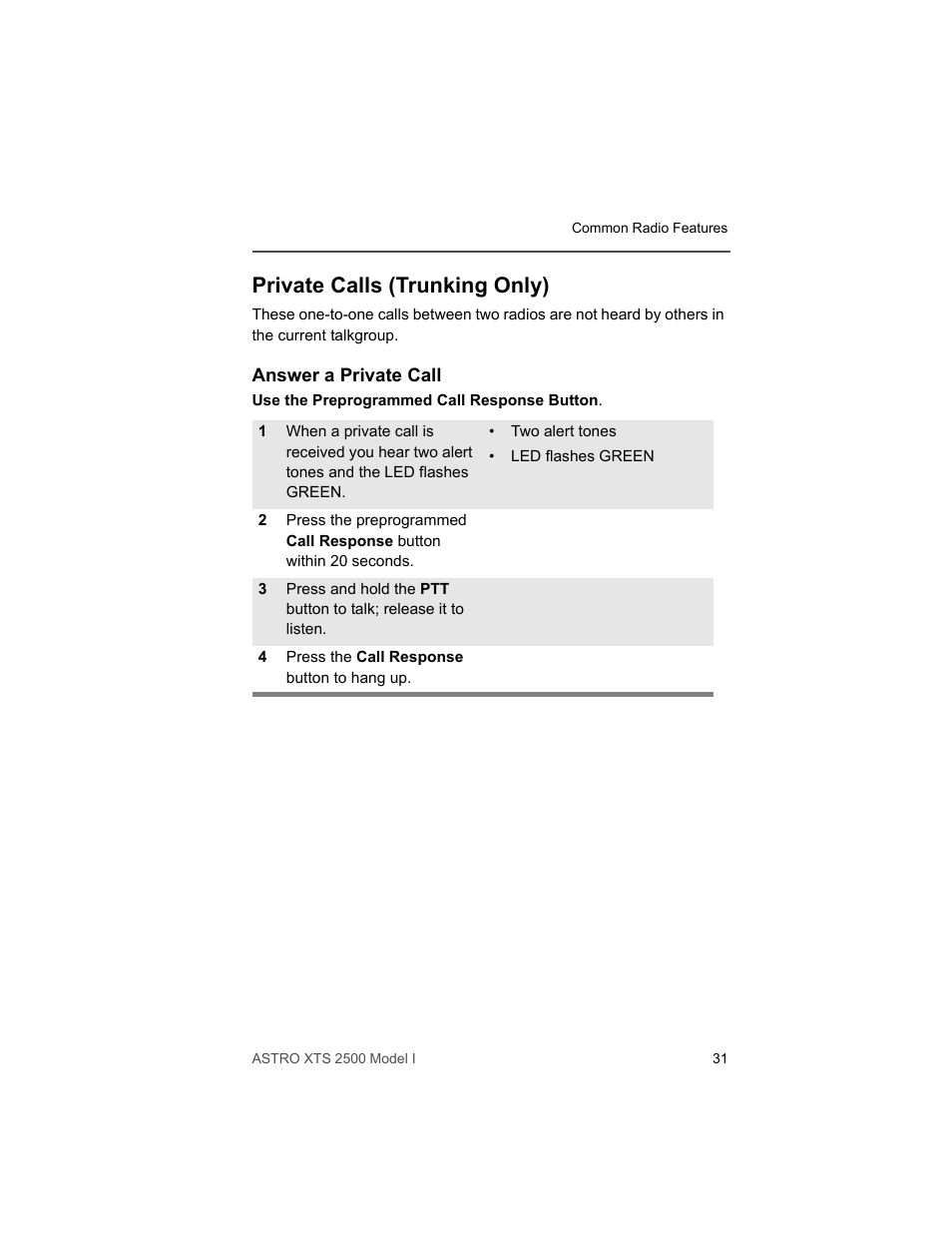 Private calls (trunking only), Answer a private call | Motorola XTS2500 User Manual | Page 43 / 78