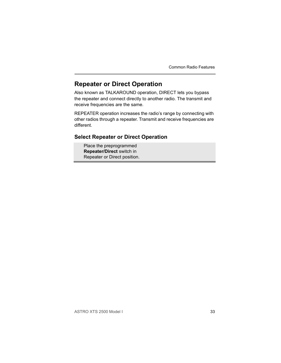 Repeater or direct operation, Select repeater or direct operation | Motorola XTS2500 User Manual | Page 45 / 78