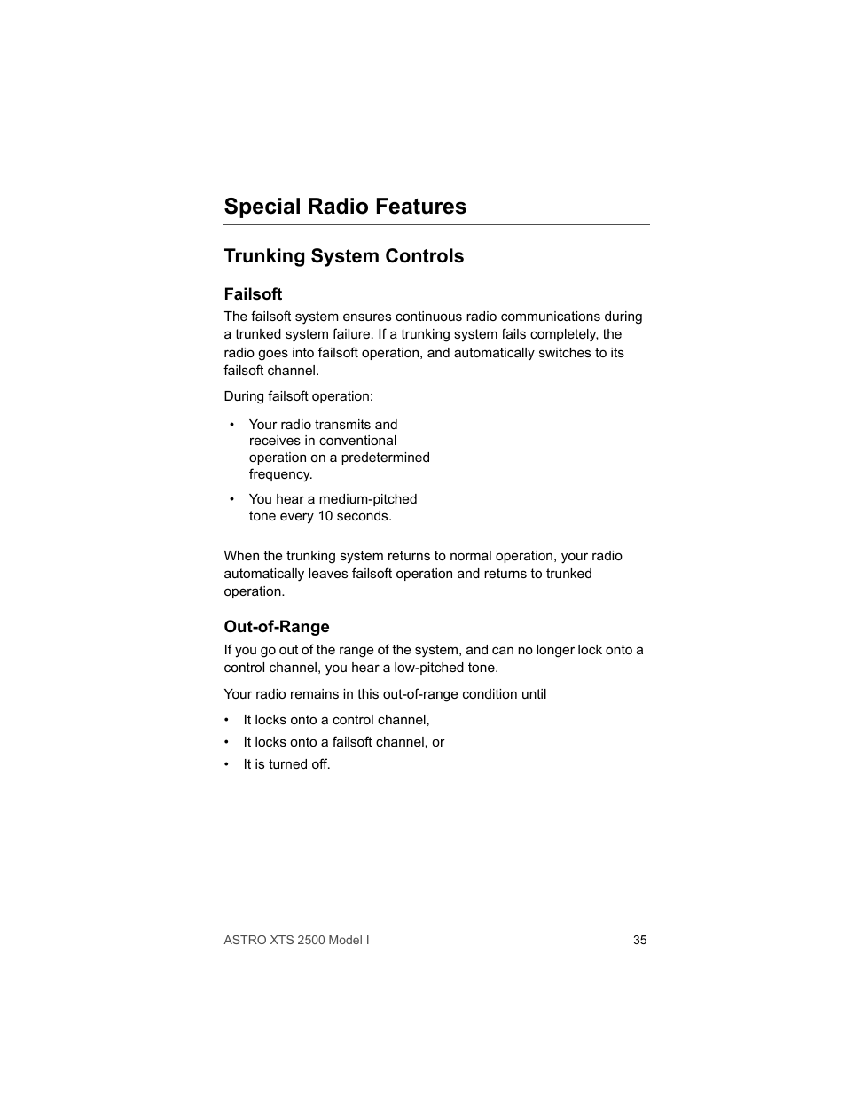 Special radio features, Trunking system controls, Failsoft | Out-of-range | Motorola XTS2500 User Manual | Page 47 / 78