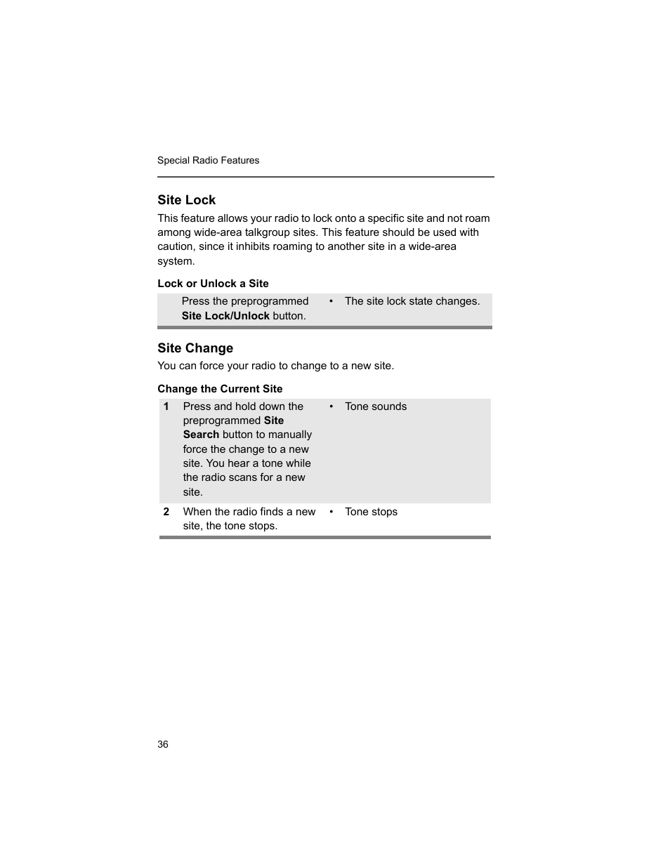 Site lock, Site change | Motorola XTS2500 User Manual | Page 48 / 78