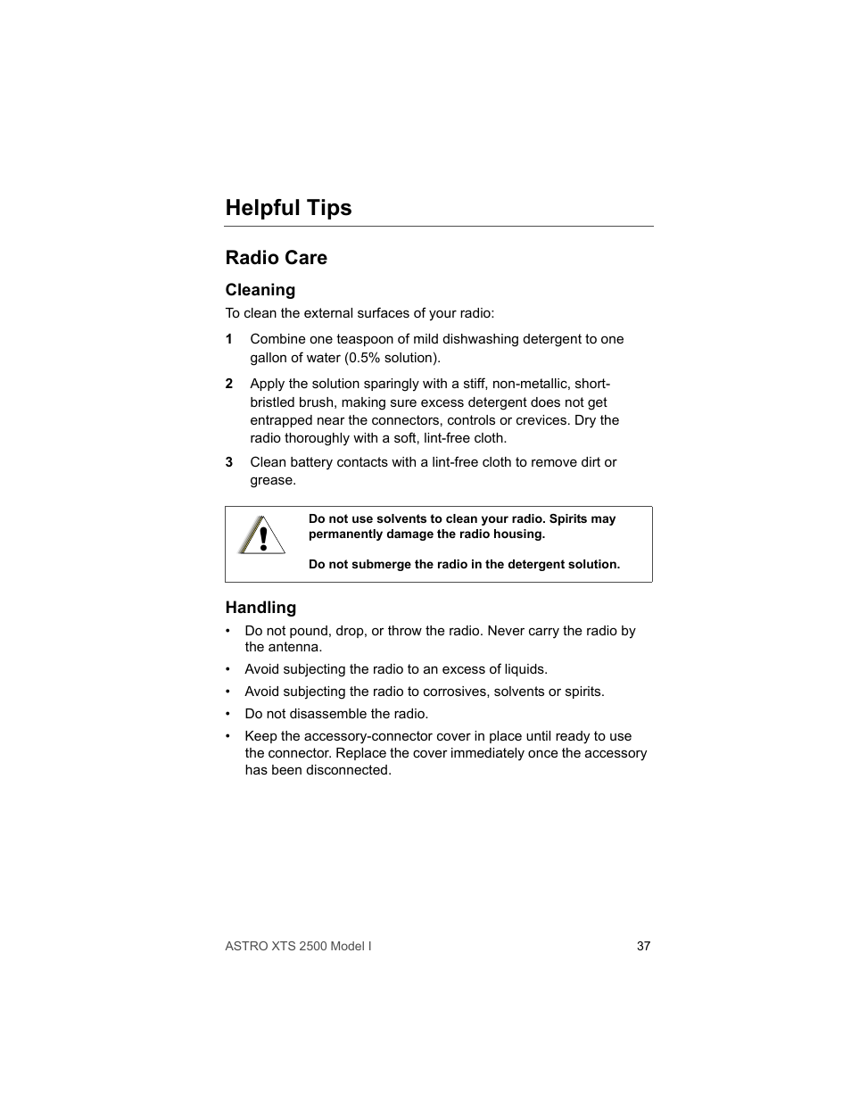 Helpful tips, Radio care, Cleaning | Handling | Motorola XTS2500 User Manual | Page 49 / 78