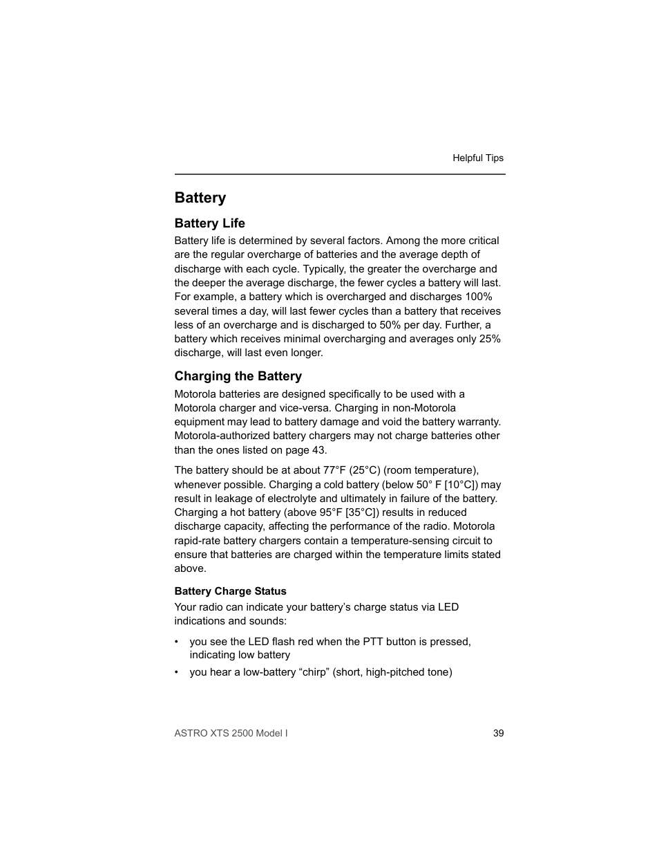 Battery, Battery life, Charging the battery | Motorola XTS2500 User Manual | Page 51 / 78