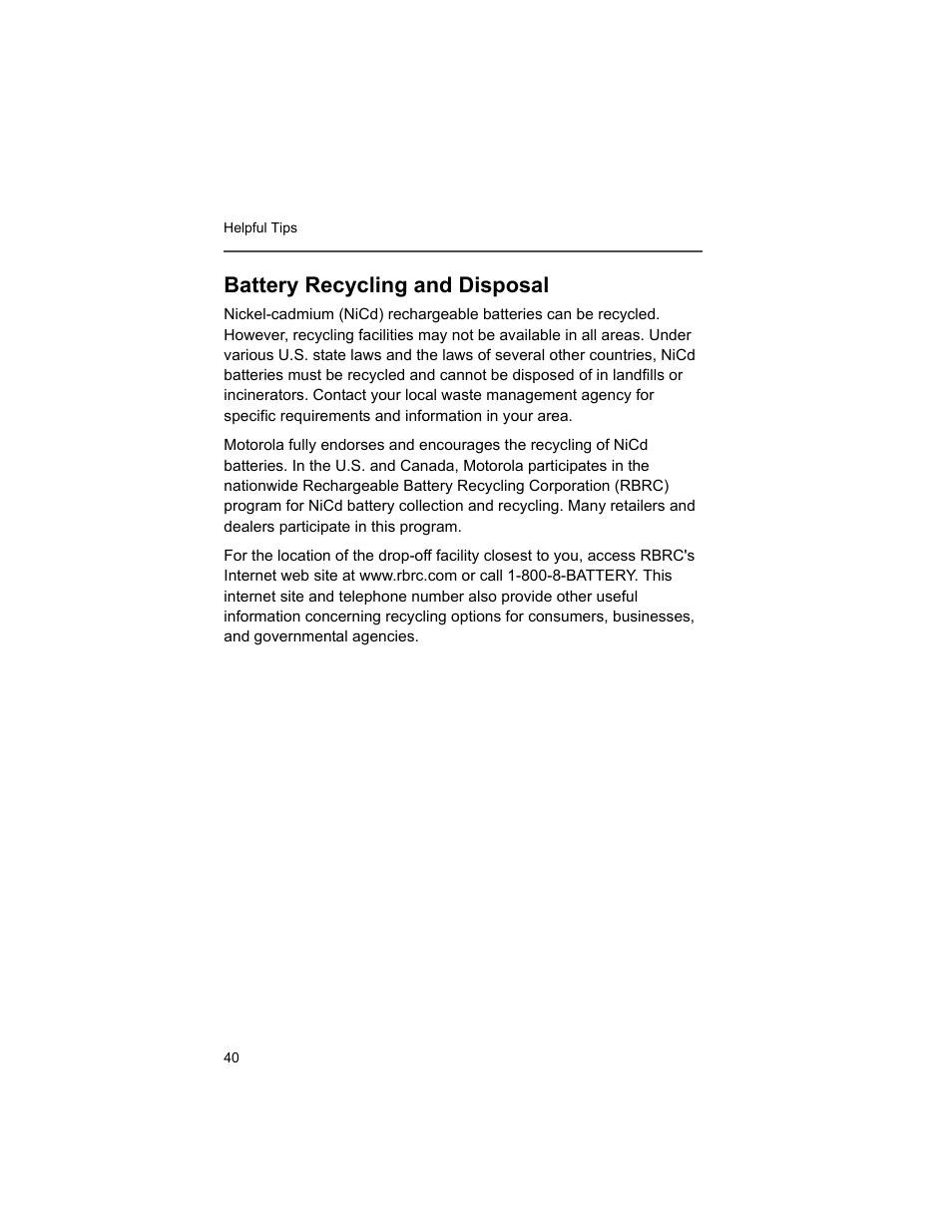 Battery recycling and disposal | Motorola XTS2500 User Manual | Page 52 / 78