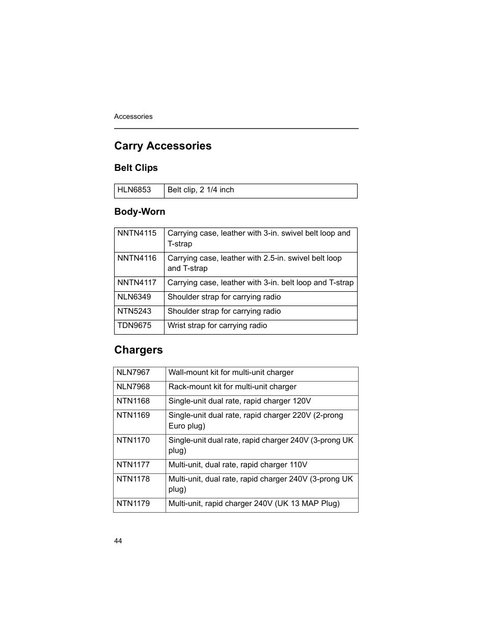 Carry accessories, Belt clips, Body-worn | Chargers | Motorola XTS2500 User Manual | Page 56 / 78