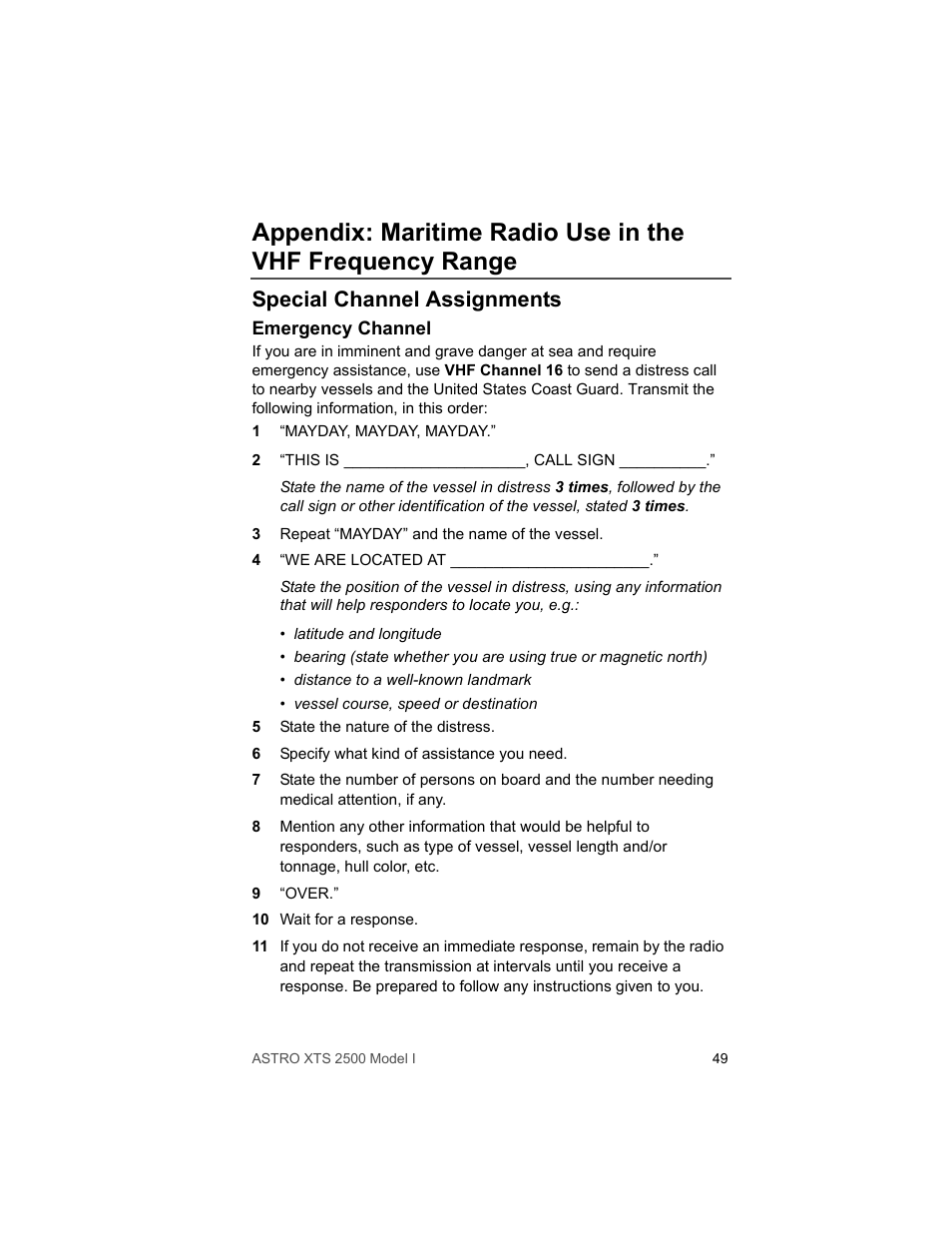 Special channel assignments, Emergency channel | Motorola XTS2500 User Manual | Page 61 / 78