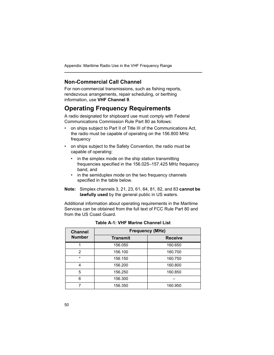 Non-commercial call channel, Operating frequency requirements | Motorola XTS2500 User Manual | Page 62 / 78