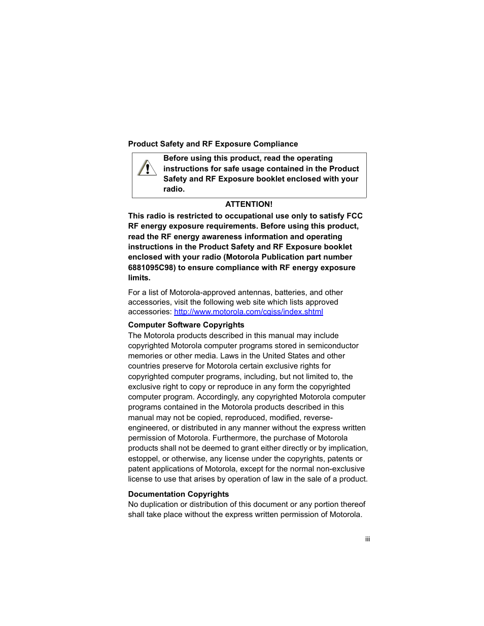 Product safety and rf exposure compliance, Computer software copyrights, Documentation copyrights | Motorola XTS2500 User Manual | Page 7 / 78