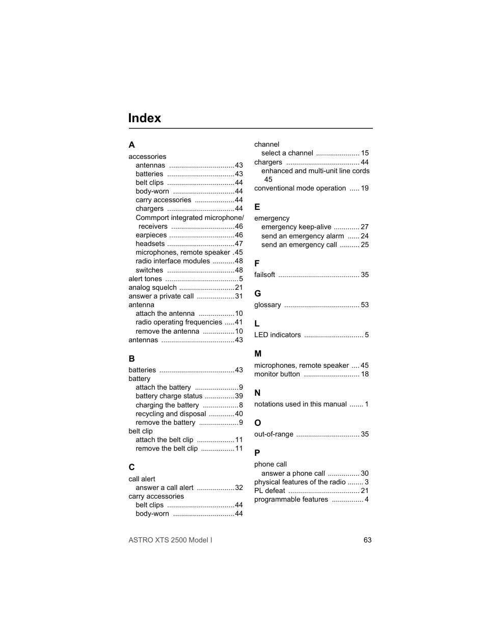 Index | Motorola XTS2500 User Manual | Page 75 / 78