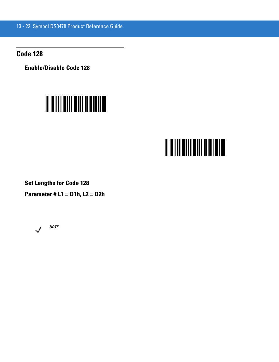 Code 128, Enable/disable code 128, Set lengths for code 128 | Code 128 -22 | Motorola DS3478 User Manual | Page 194 / 404