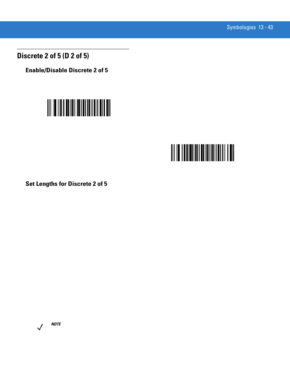 Discrete 2 of 5 (d 2 of 5), Enable/disable discrete 2 of 5, Set lengths for discrete 2 of 5 | Discrete 2 of 5 (d 2 of 5) -43 | Motorola DS3478 User Manual | Page 215 / 404