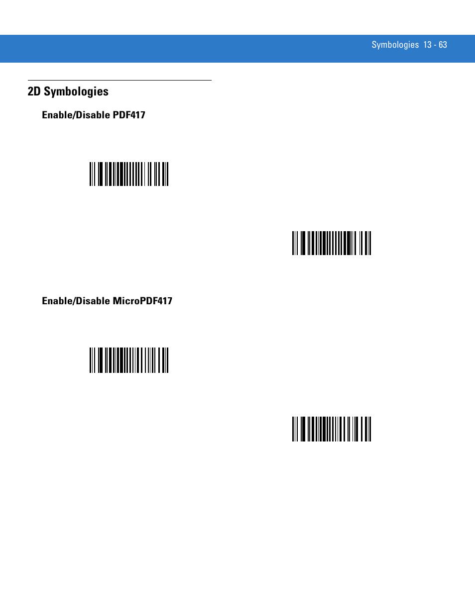 2d symbologies, Enable/disable pdf417, Enable/disable micropdf417 | 2d symbologies -63 | Motorola DS3478 User Manual | Page 235 / 404