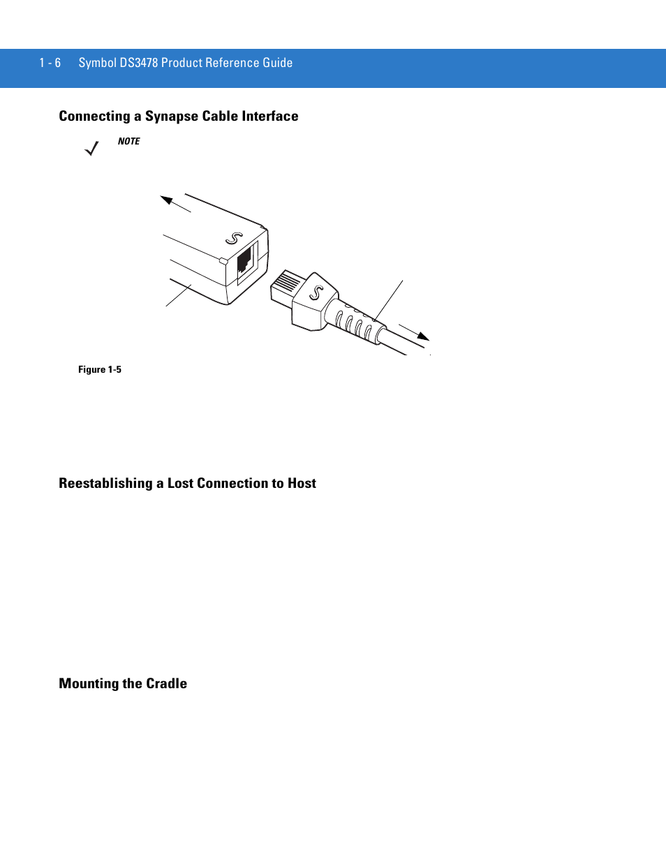 Connecting a synapse cable interface, Reestablishing a lost connection to host, Mounting the cradle | Motorola DS3478 User Manual | Page 26 / 404