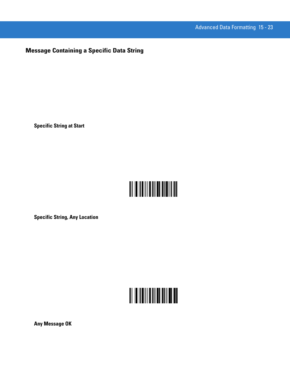 Message containing a specific data string, Message containing a specific data string -23, Specific string at start | Specific string, any location, Any message ok | Motorola DS3478 User Manual | Page 277 / 404