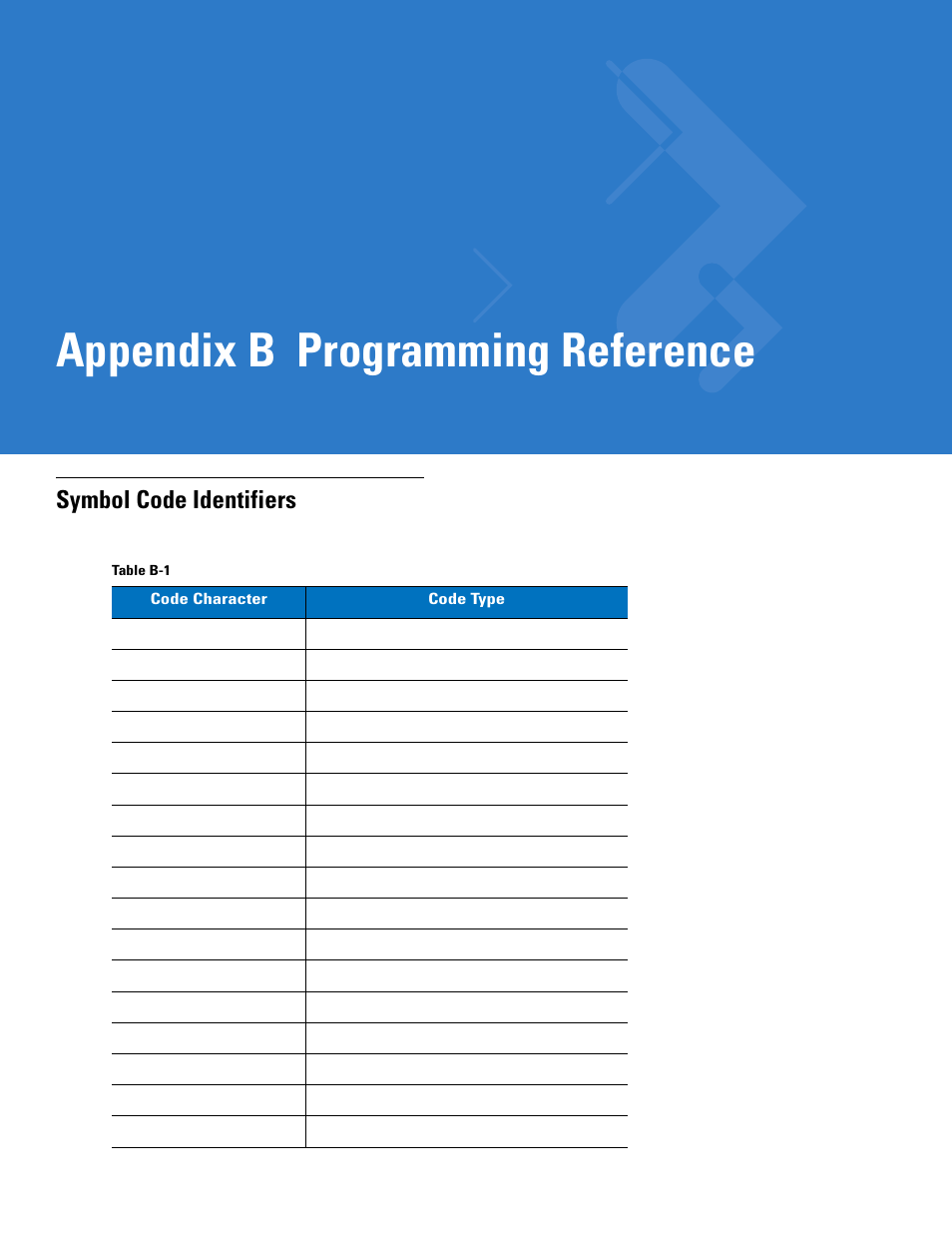 Programming reference, Symbol code identifiers, Appendix b: programming reference | Appendix b, programming reference, Appendix b programming reference | Motorola DS3478 User Manual | Page 367 / 404