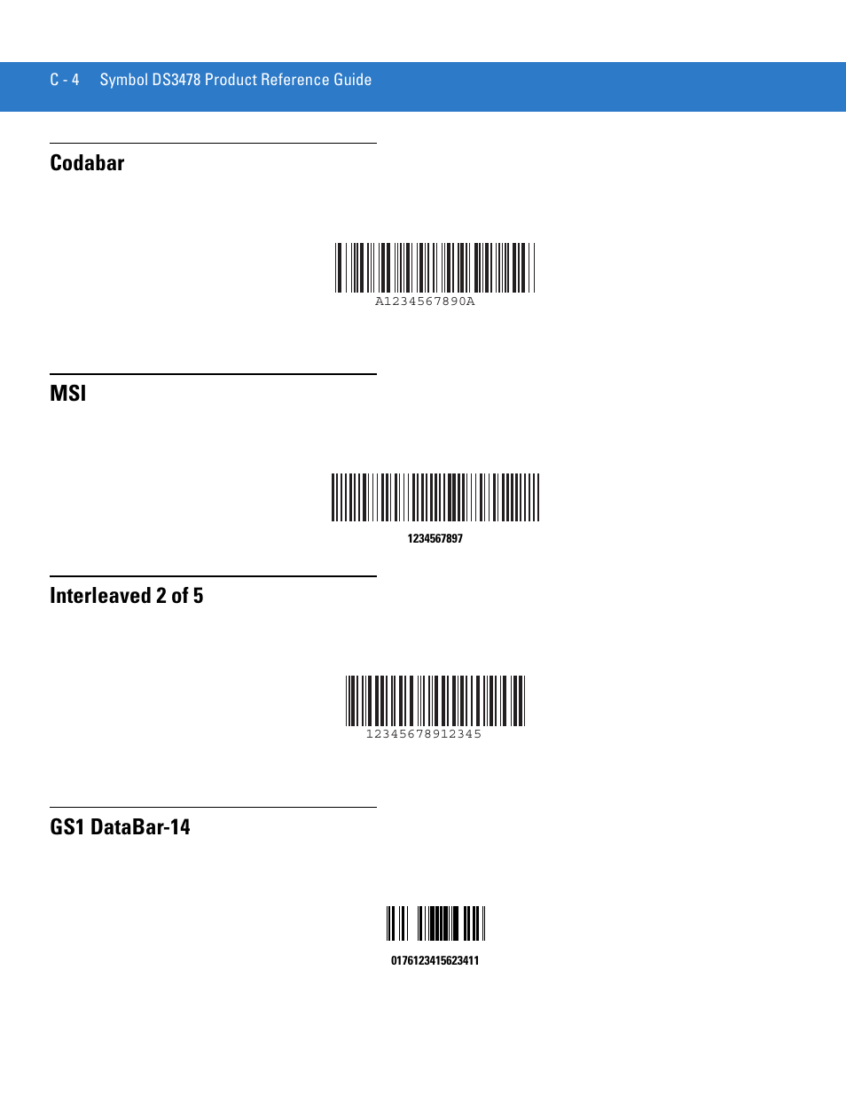 Codabar, Interleaved 2 of 5, Gs1 databar-14 | Codabar msi | Motorola DS3478 User Manual | Page 378 / 404