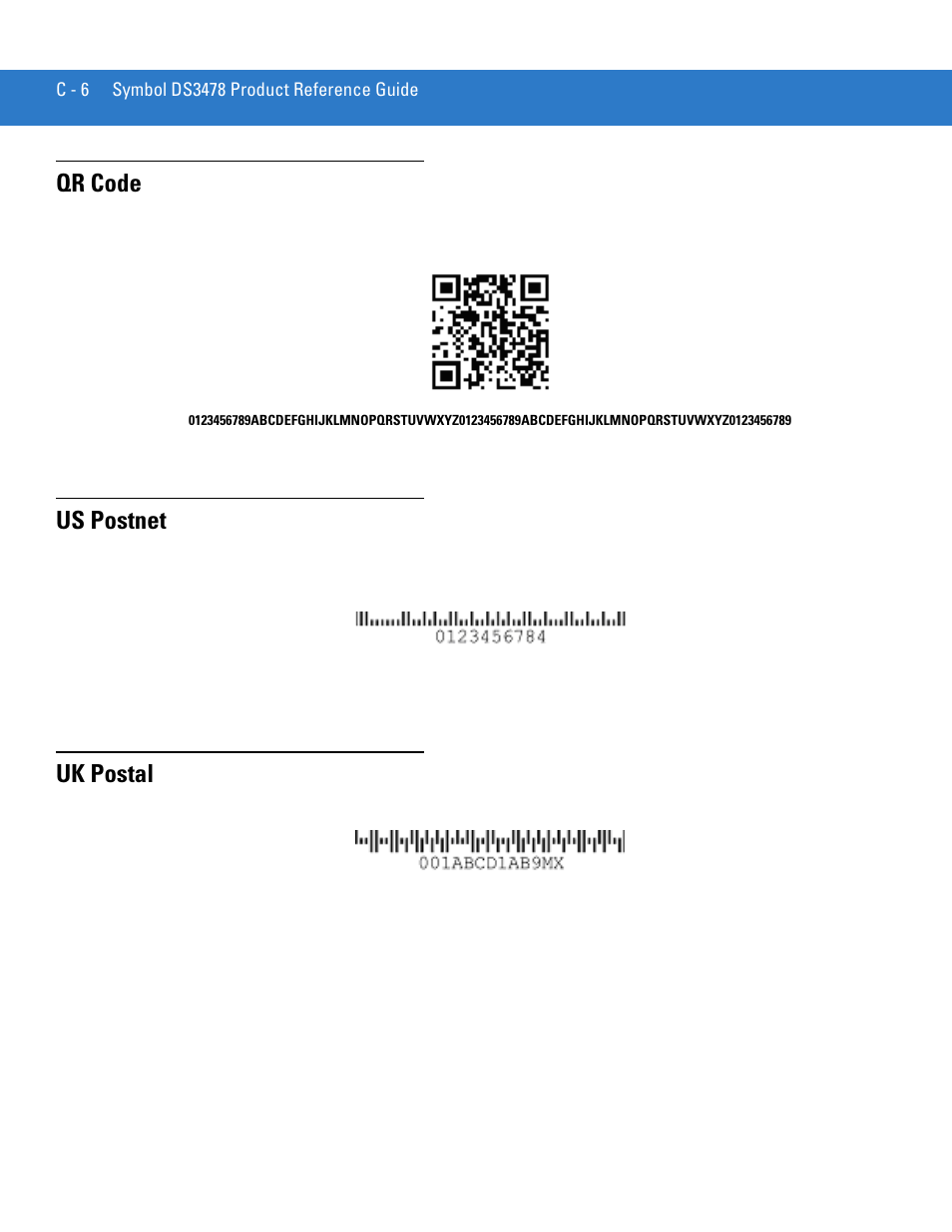 Qr code, Us postnet, Uk postal | Us postnet uk postal | Motorola DS3478 User Manual | Page 380 / 404