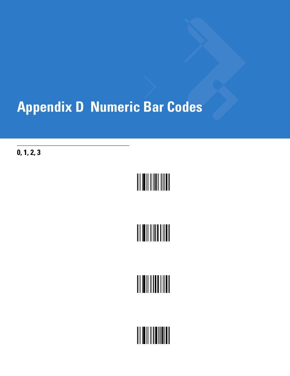 Numeric bar codes, Appendix d: numeric bar codes, Appendix d, numeric bar codes | Includ, Appendix d, Appendix, D, numeric bar codes, Appendix d, numeric bar, Codes, Appendix d numeric bar codes | Motorola DS3478 User Manual | Page 381 / 404