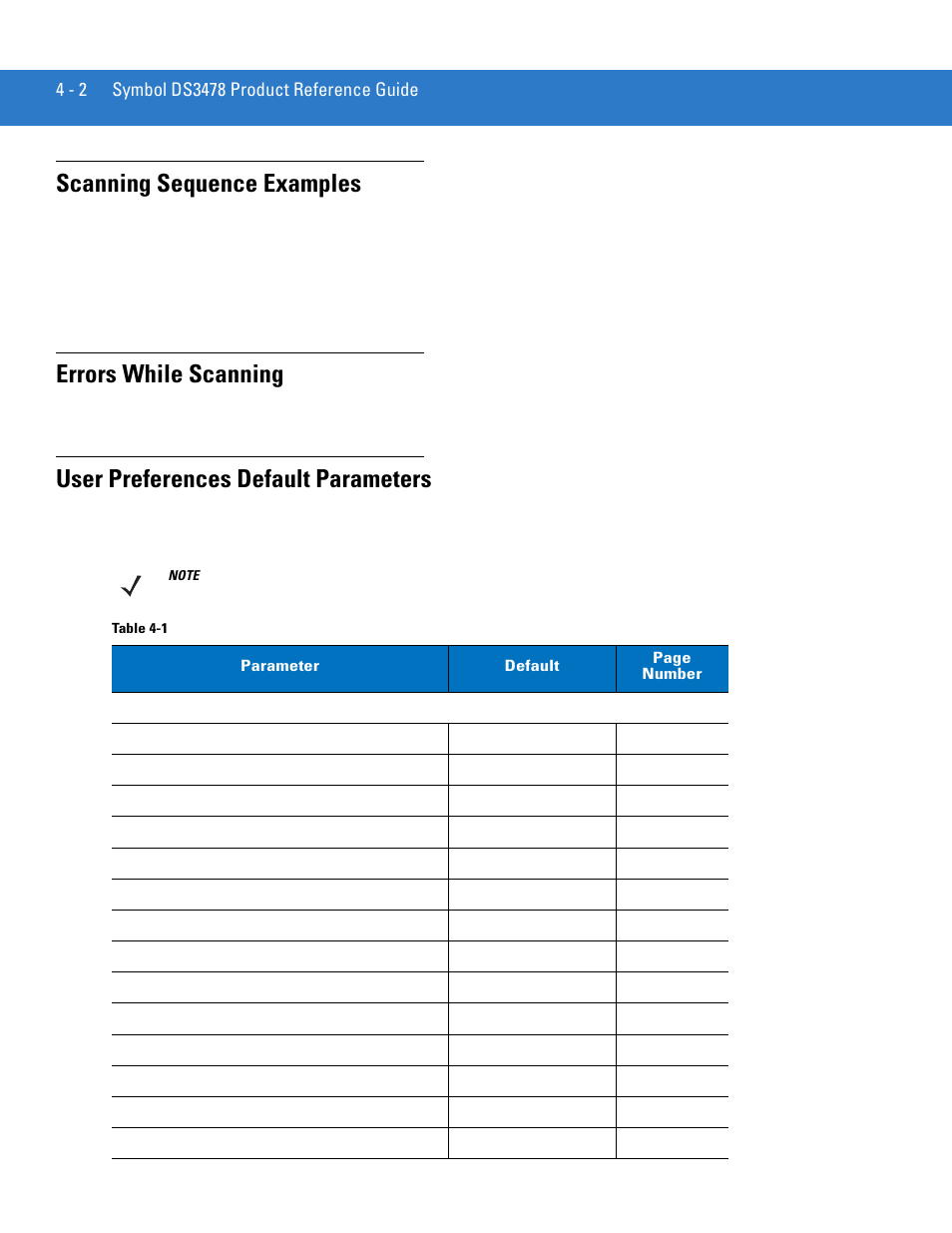 Scanning sequence examples, Errors while scanning, User preferences default parameters | Own in the | Motorola DS3478 User Manual | Page 56 / 404