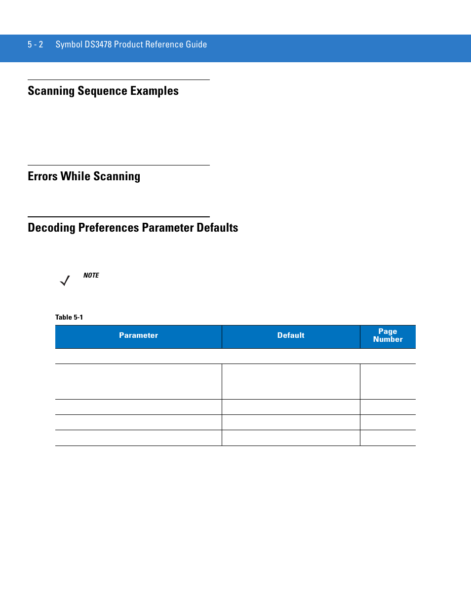 Scanning sequence examples, Errors while scanning, Decoding preferences parameter defaults | Motorola DS3478 User Manual | Page 70 / 404