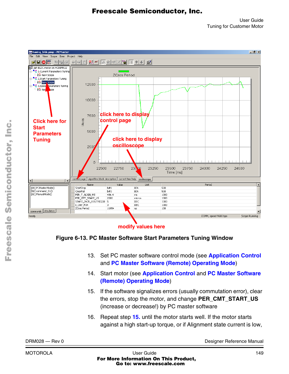 Pc master software start parameters tuning window | Motorola M68HC08 User Manual | Page 149 / 168