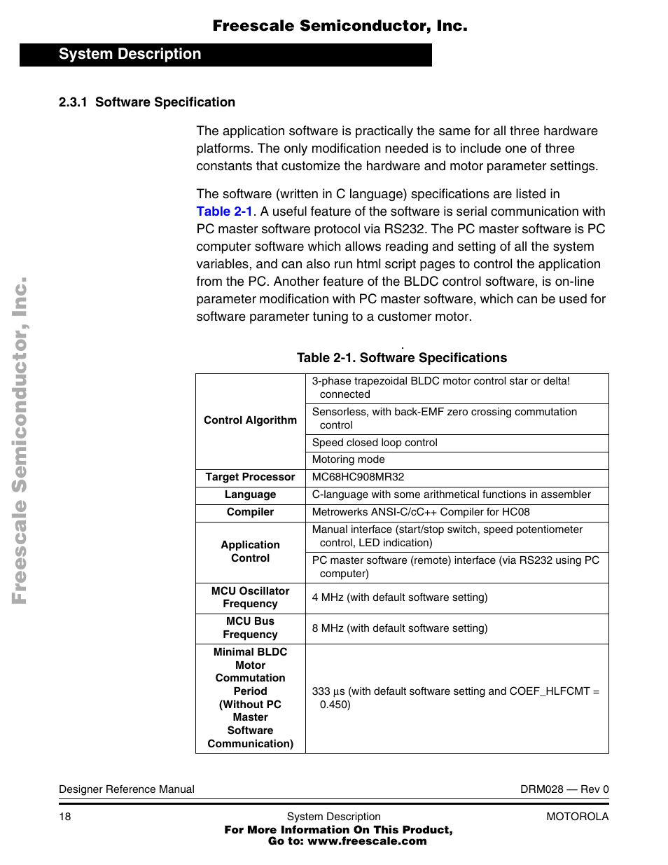 Software specifications | Motorola M68HC08 User Manual | Page 18 / 168