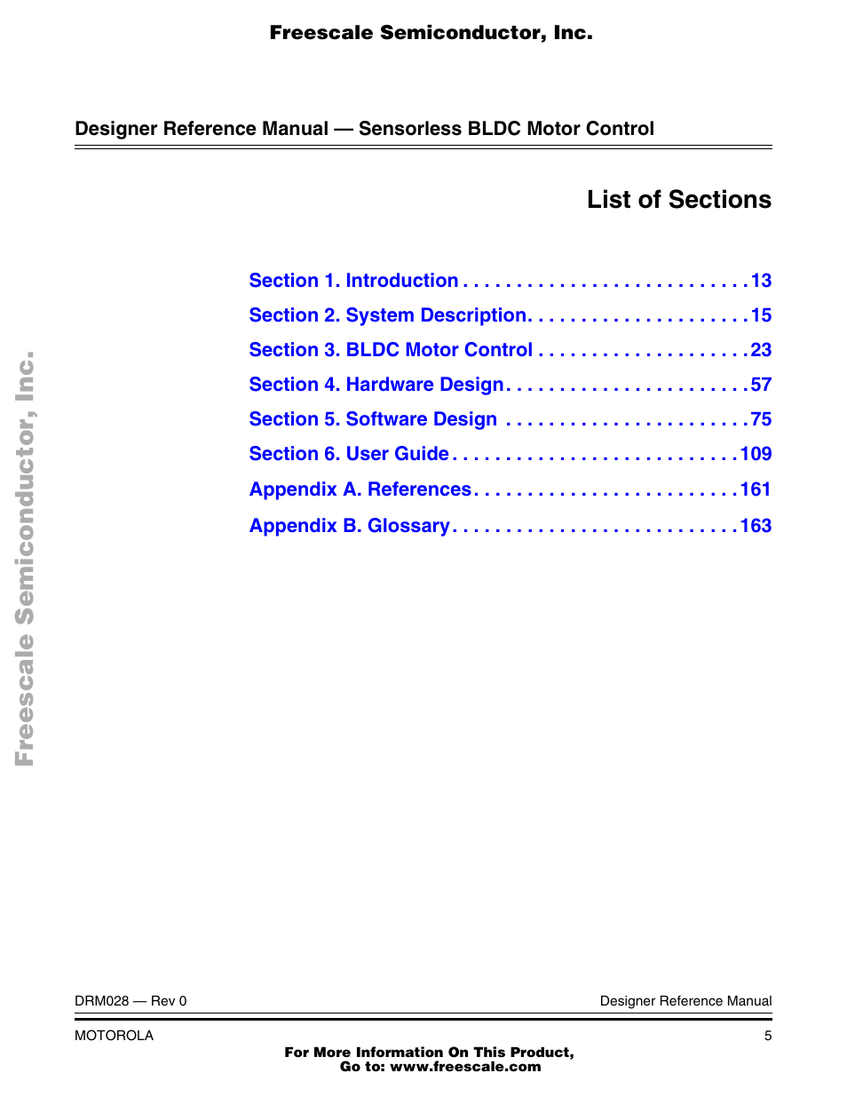 List of sections | Motorola M68HC08 User Manual | Page 5 / 168