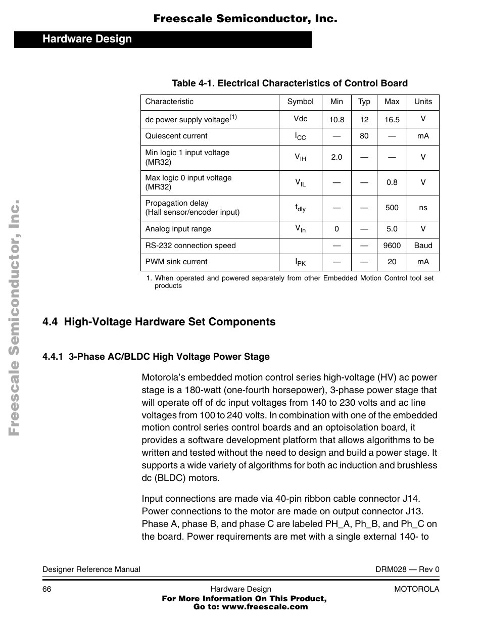 4 high-voltage hardware set components, High-voltage hardware set components, Electrical characteristics of control board | 4 high-voltage, Hardware set components | Motorola M68HC08 User Manual | Page 66 / 168