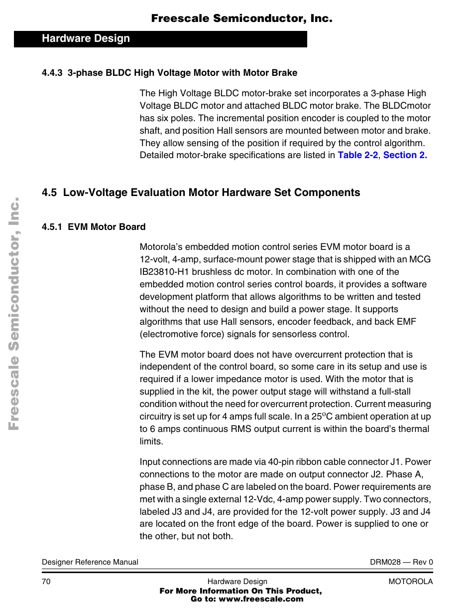 Phase bldc high voltage motor with motor brake, Evm motor board, 5 low-voltage evaluation motor | Hardware set components | Motorola M68HC08 User Manual | Page 70 / 168