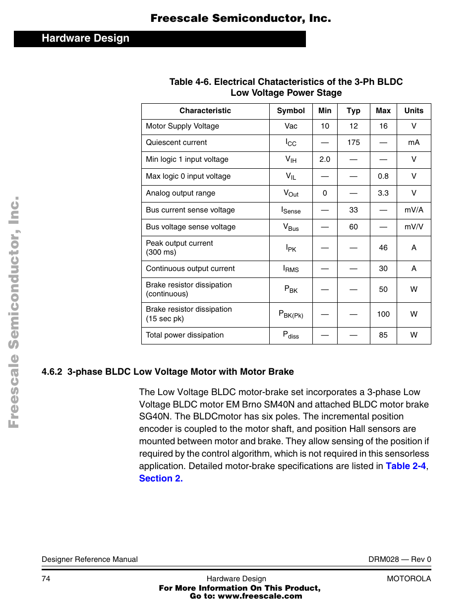 Phase bldc low voltage motor with motor brake, Table 4-6, Apply to operation at 25 | Hardware design, Freescale semiconductor, inc | Motorola M68HC08 User Manual | Page 74 / 168