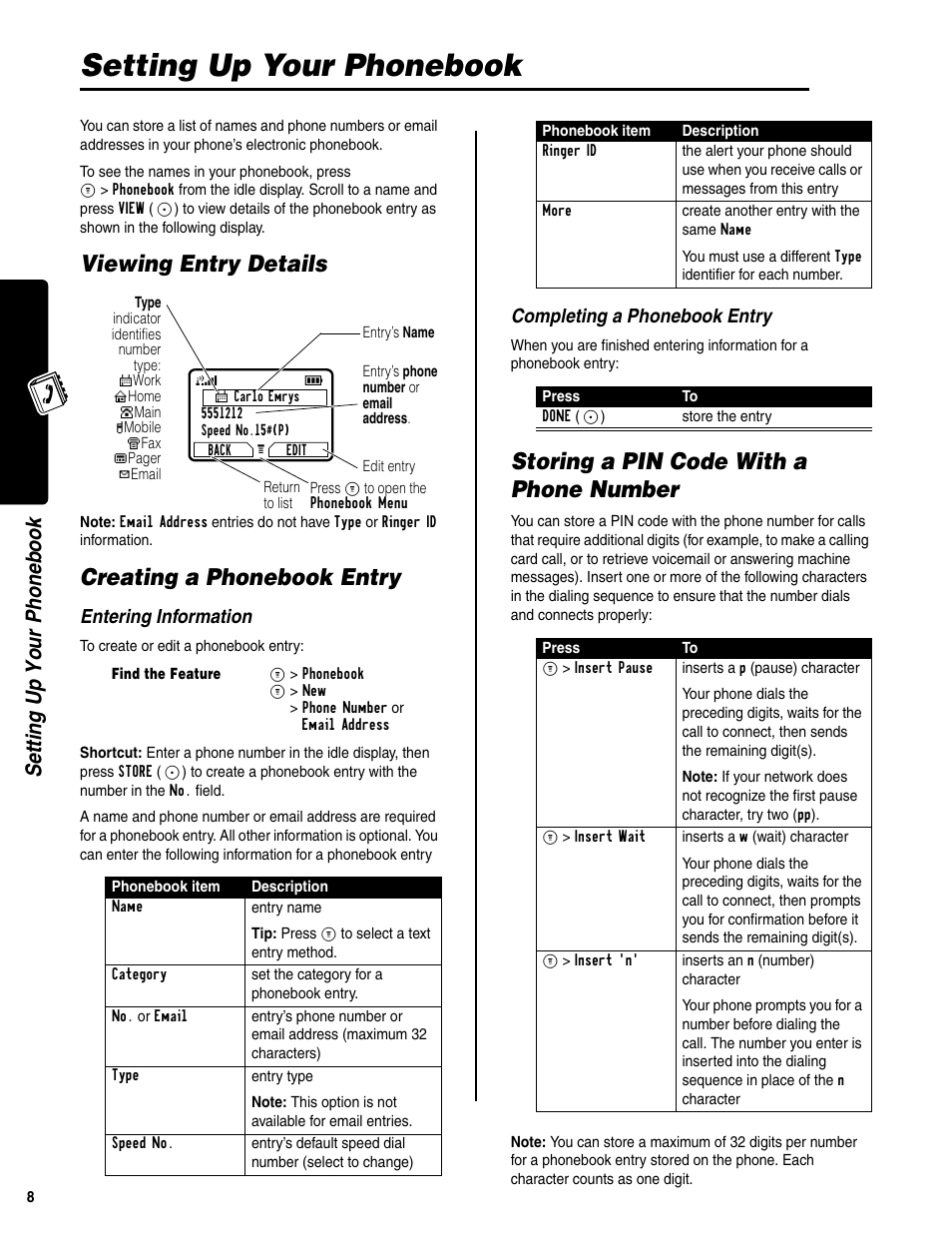 Setting up your phonebook, Viewing entry details, Creating a phonebook entry | Storing a pin code with a phone number, Setti ng up your phonebook, Entering information, Completing a phonebook entry | Motorola C341a User Manual | Page 10 / 32