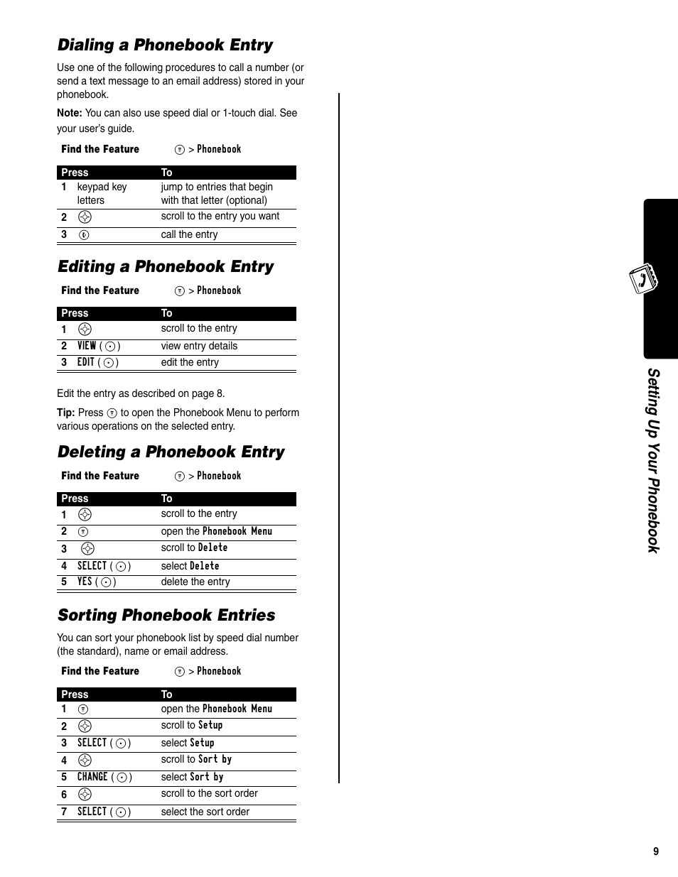 Dialing a phonebook entry, Editing a phonebook entry, Deleting a phonebook entry | Sorting phonebook entries, Setti ng up your phonebook | Motorola C341a User Manual | Page 11 / 32