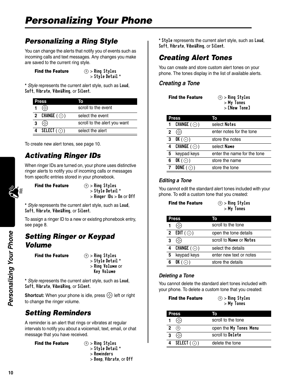 Personalizing your phone, Personalizing a ring style, Activating ringer ids | Setting ringer or keypad volume, Setting reminders, Creating alert tones, Personalizi ng your phone, Creating a tone | Motorola C341a User Manual | Page 12 / 32