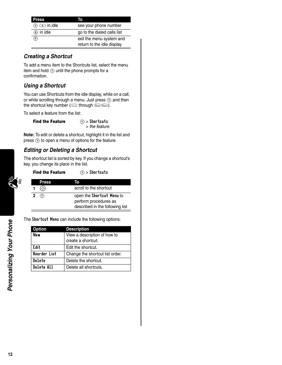 Personalizi ng your phone, Creating a shortcut, Using a shortcut | Editing or deleting a shortcut | Motorola C341a User Manual | Page 14 / 32