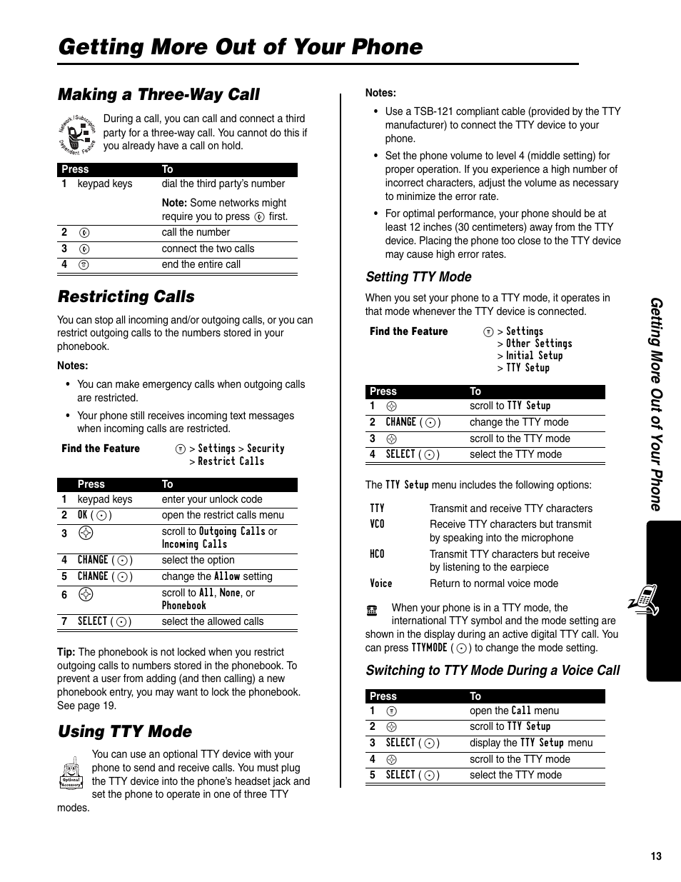 Getting more out of your phone, Making a three-way call, Restricting calls | Using tty mode, Setting tty mode, Switching to tty mode during a voice call | Motorola C341a User Manual | Page 15 / 32