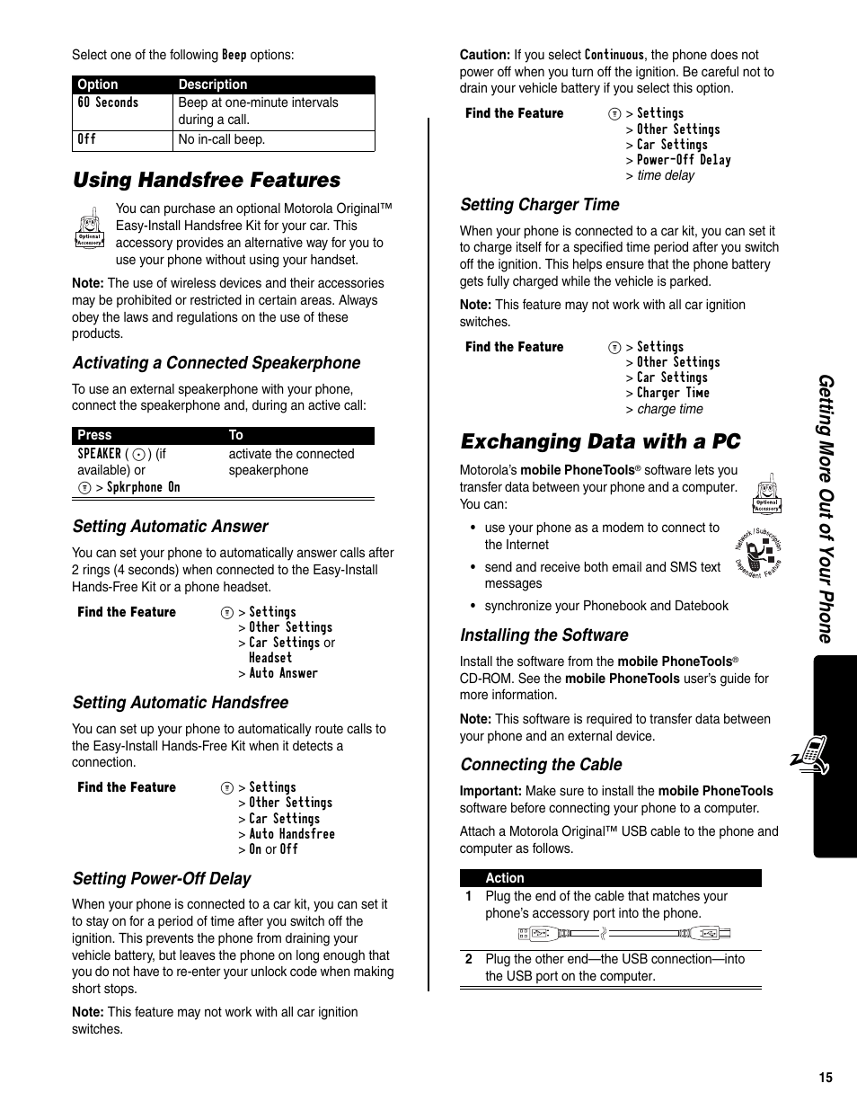 Using handsfree features, Exchanging data with a pc, Getting more out of your phone | Activating a connected speakerphone, Setting automatic answer, Setting automatic handsfree, Setting power-off delay, Setting charger time, Installing the software, Connecting the cable | Motorola C341a User Manual | Page 17 / 32