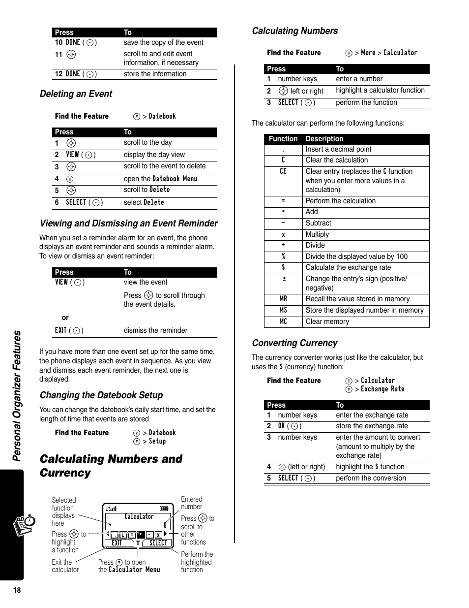 Calculating numbers and currency, Personal organi zer features, Changing the datebook setup | Calculating numbers, Converting currency | Motorola C341a User Manual | Page 20 / 32