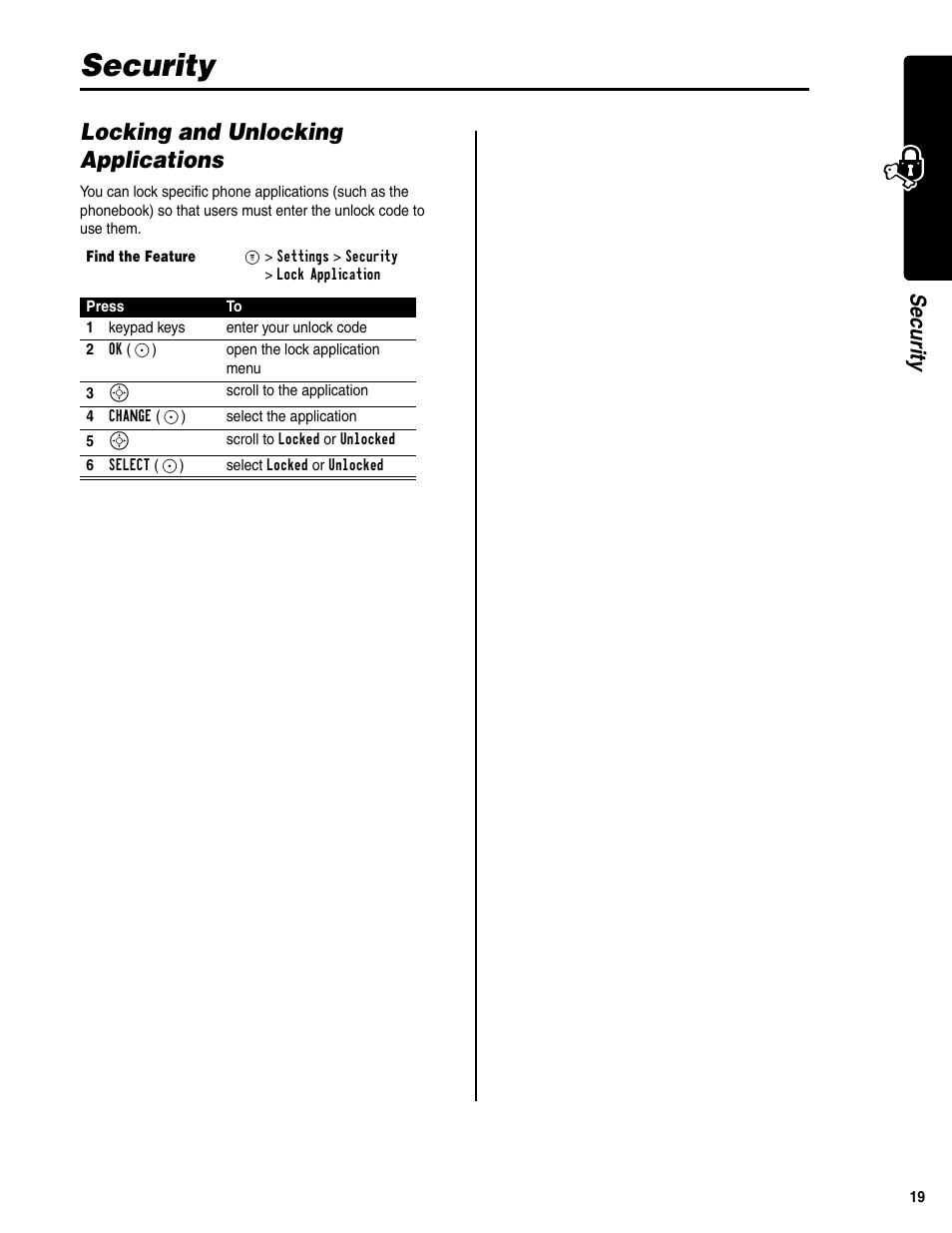 Security, Locking and unlocking applications | Motorola C341a User Manual | Page 21 / 32