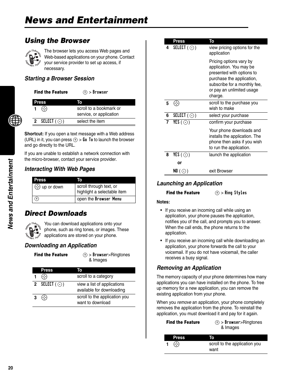 News and entertainment, Using the browser, Direct downloads | News and en ter tai nment, Starting a browser session, Interacting with web pages, Removing an application | Motorola C341a User Manual | Page 22 / 32