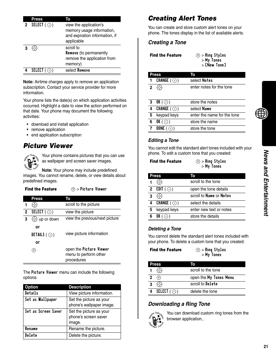 Picture viewer, Creating alert tones, News and entertainment | Creating a tone, Downloading a ring tone | Motorola C341a User Manual | Page 23 / 32