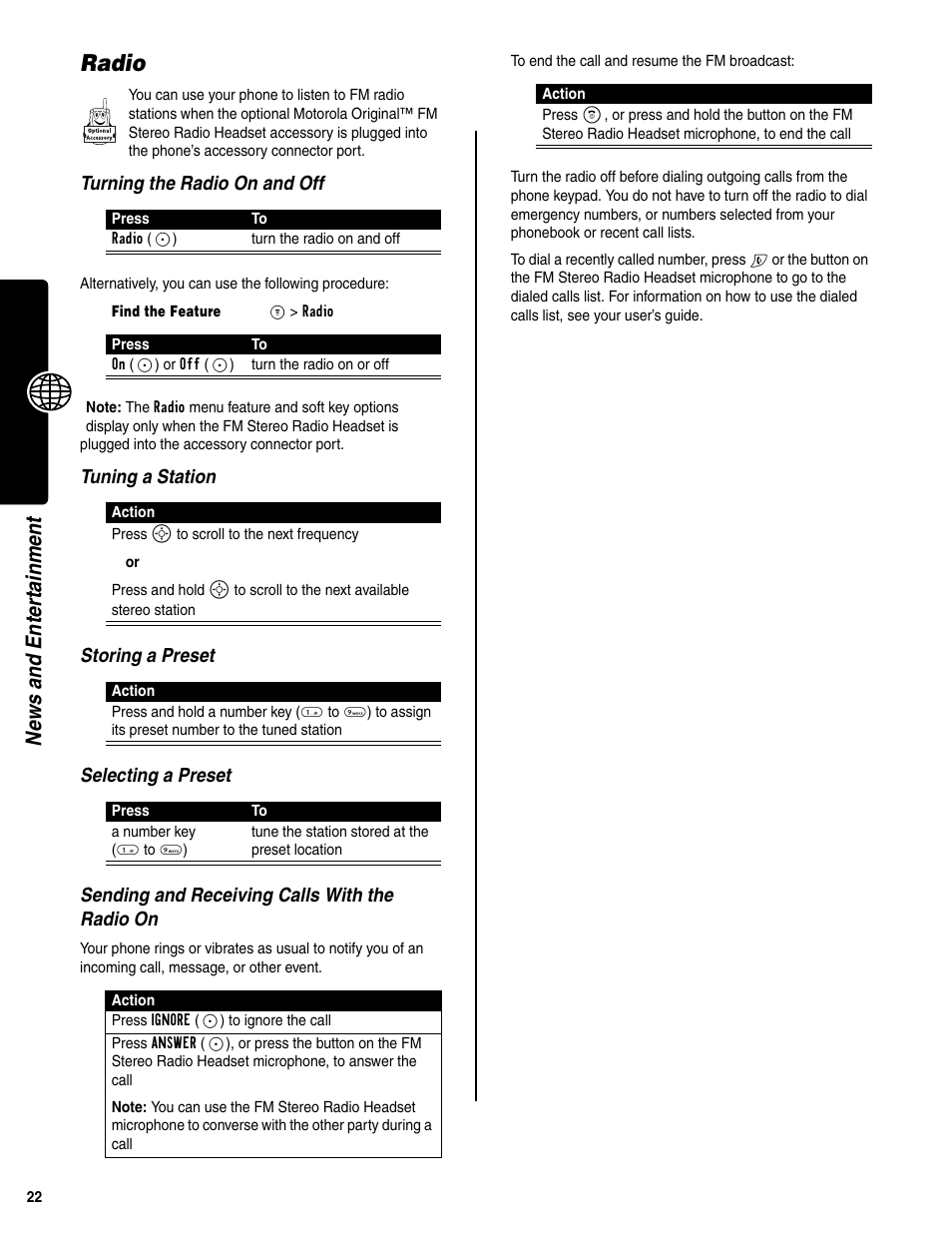 Radio, News and en ter tai nment, Turning the radio on and off | Motorola C341a User Manual | Page 24 / 32