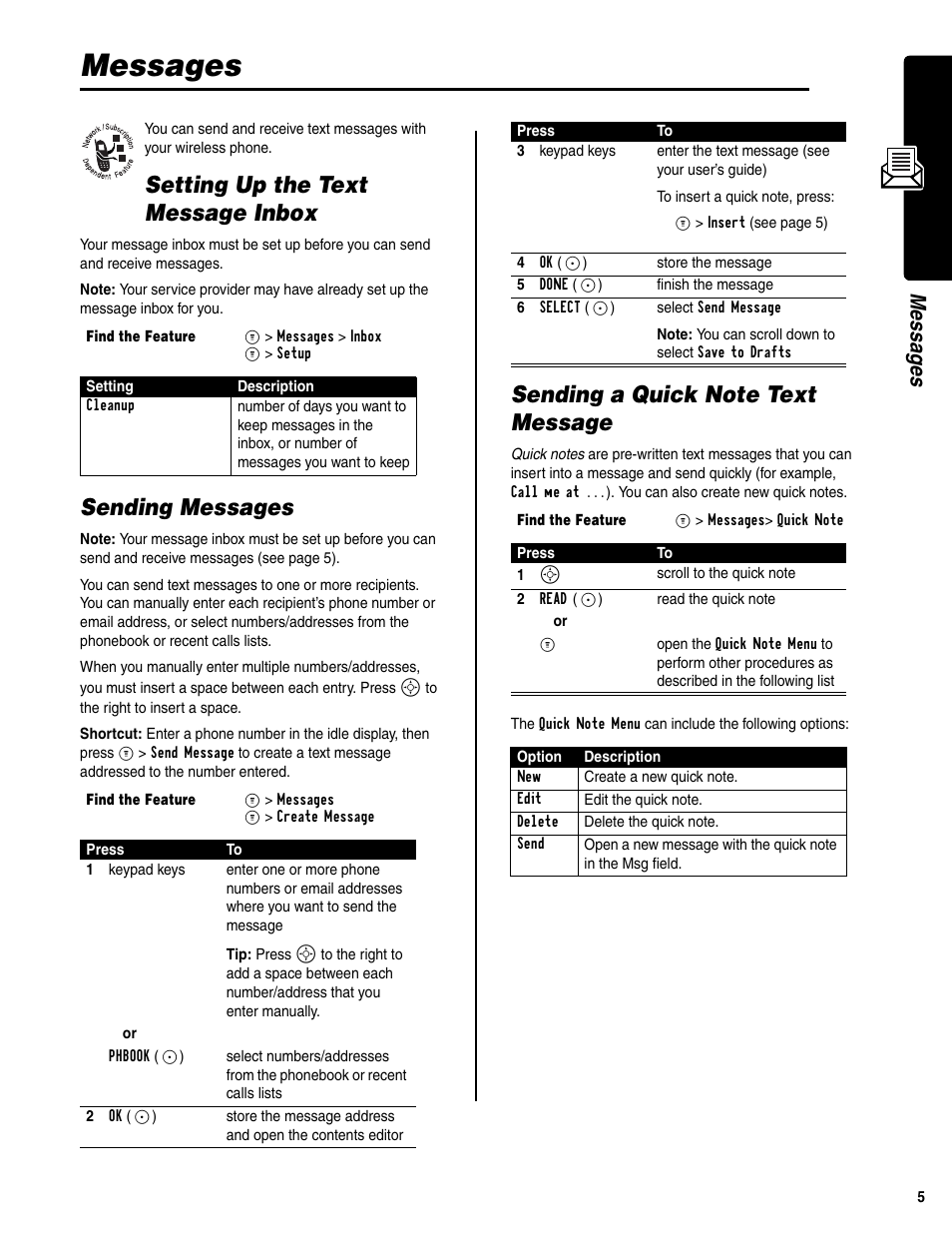 Messages, Setting up the text message inbox, Sending messages | Sending a quick note text message | Motorola C341a User Manual | Page 7 / 32