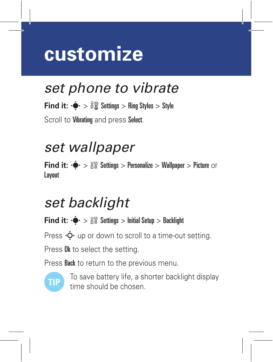 Customize, Set phone to vibrate, Set wallpaper | Set backlight | Motorola 6802932J69 User Manual | Page 13 / 80