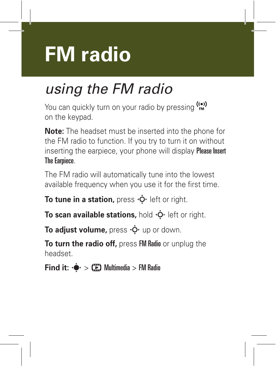 Fm radio, Using the fm radio | Motorola 6802932J69 User Manual | Page 16 / 80