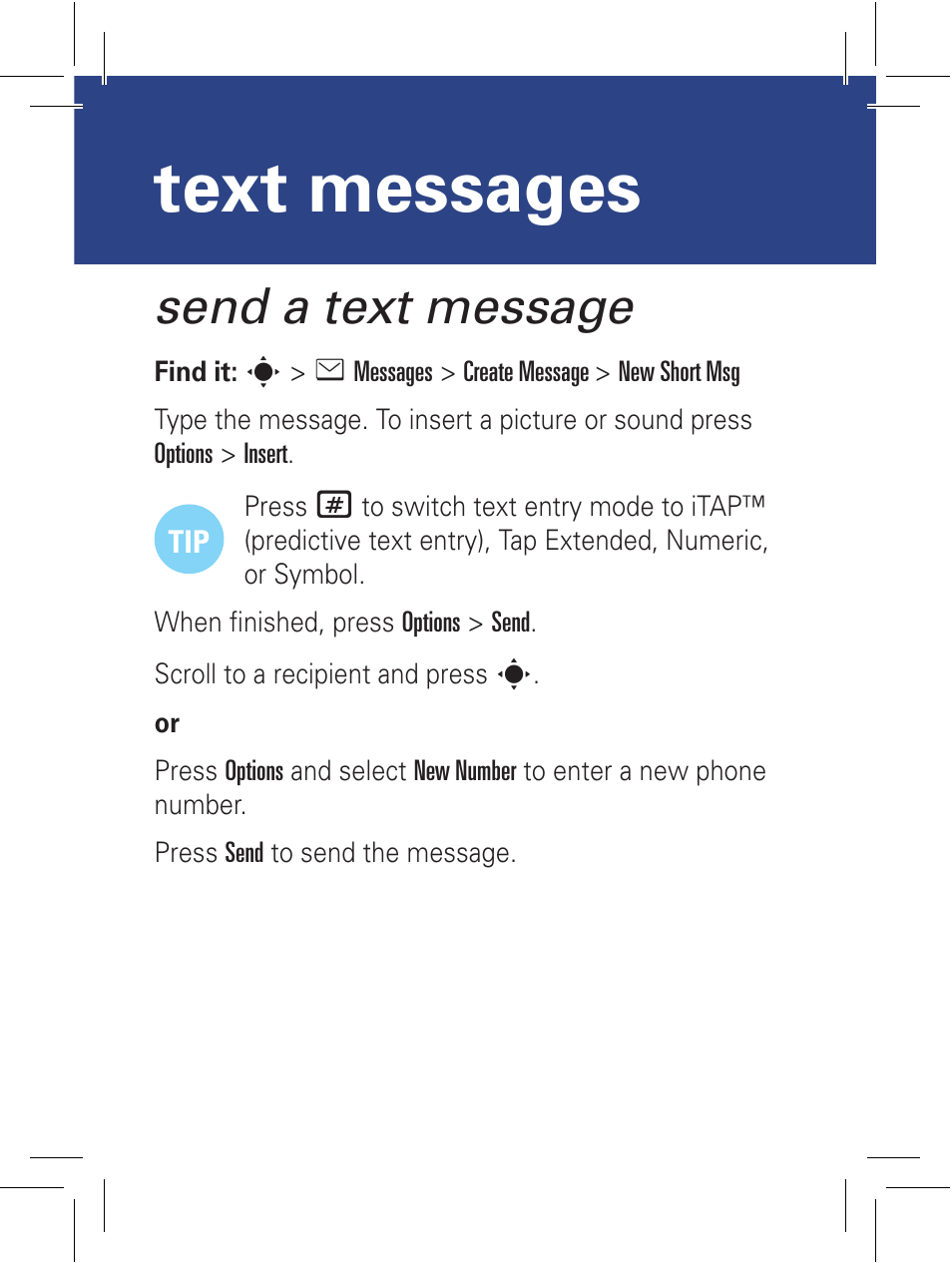 Text messages, Send a text message | Motorola 6802932J69 User Manual | Page 18 / 80