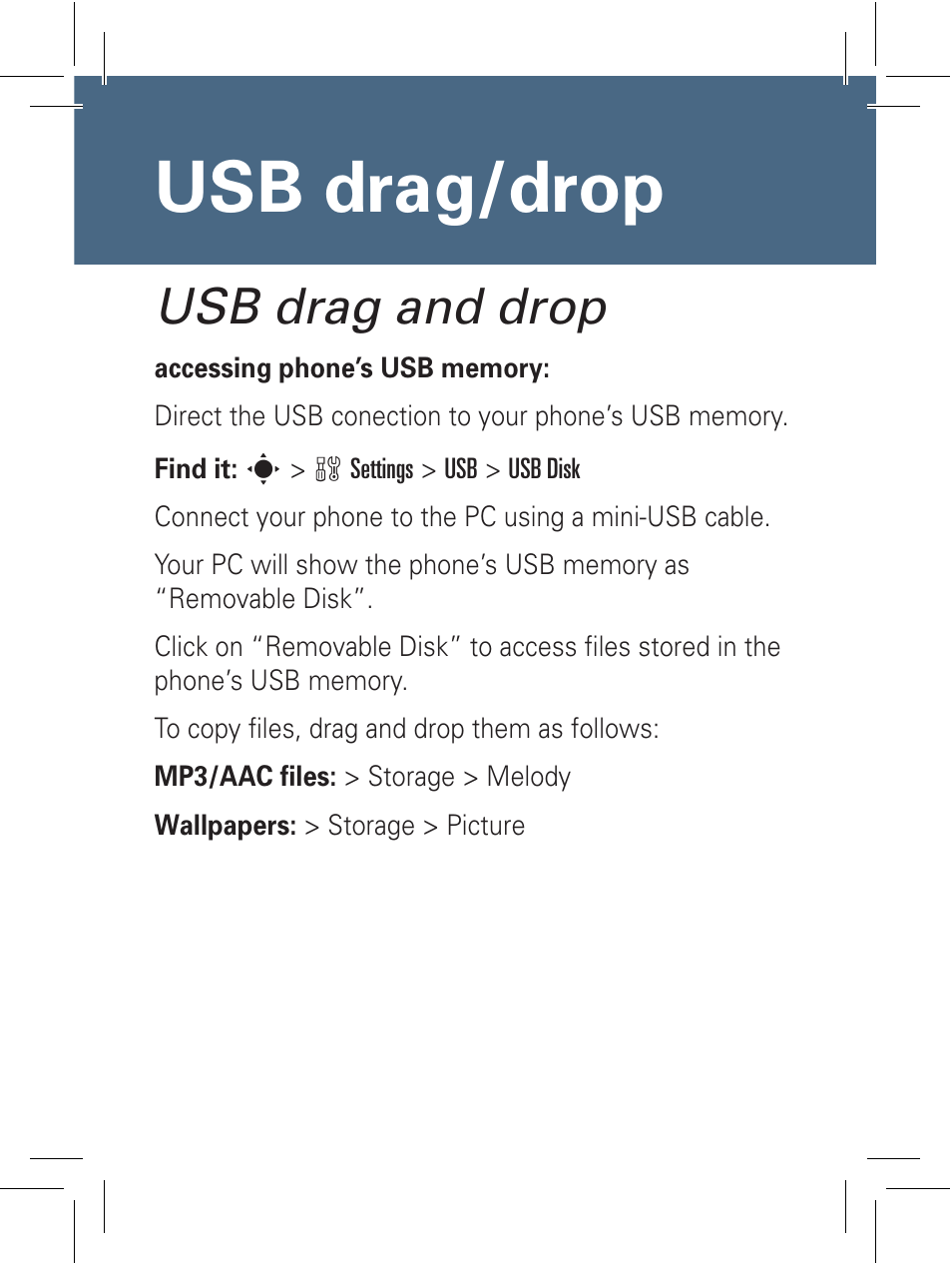 Usb drag/drop, Usb drag and drop | Motorola 6802932J69 User Manual | Page 19 / 80