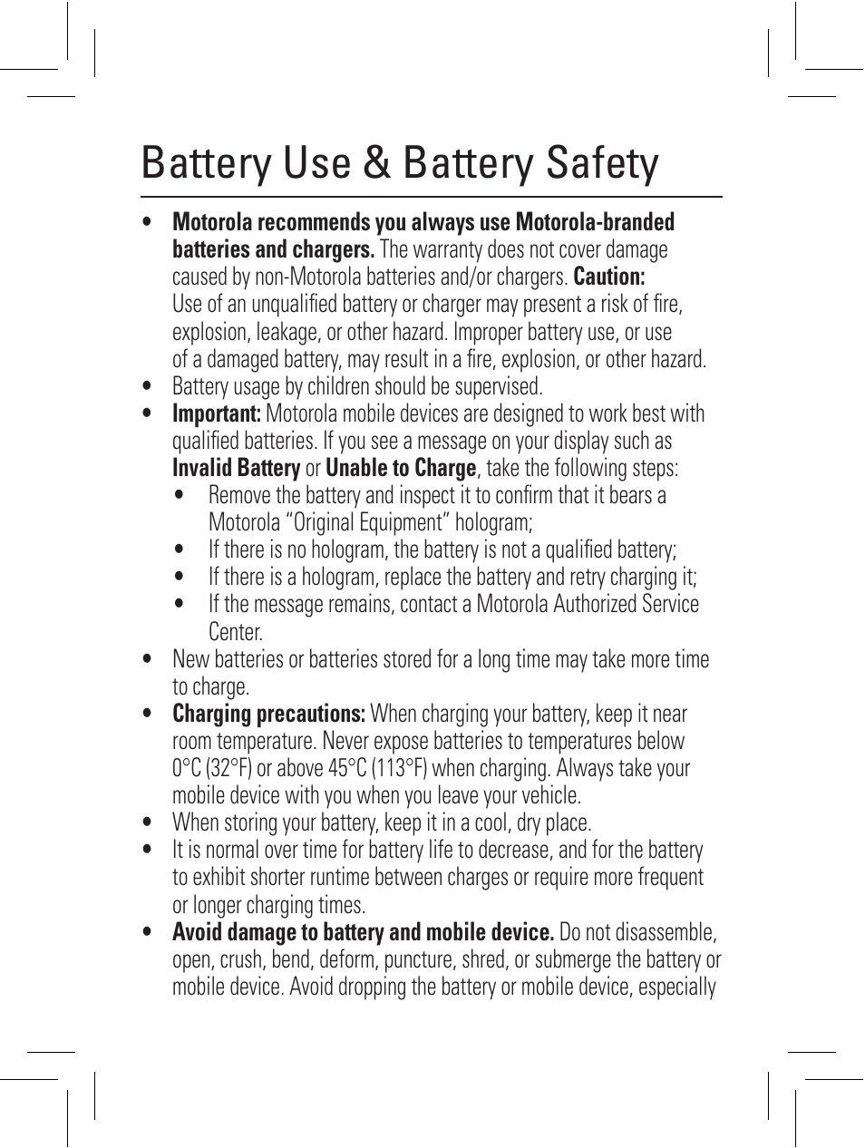 Battery use & battery safety | Motorola 6802932J69 User Manual | Page 20 / 80