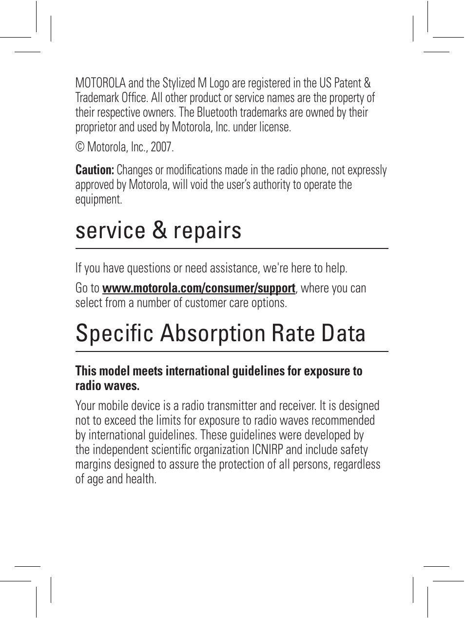 Service & repairs, Specifi c absorption rate data | Motorola 6802932J69 User Manual | Page 22 / 80