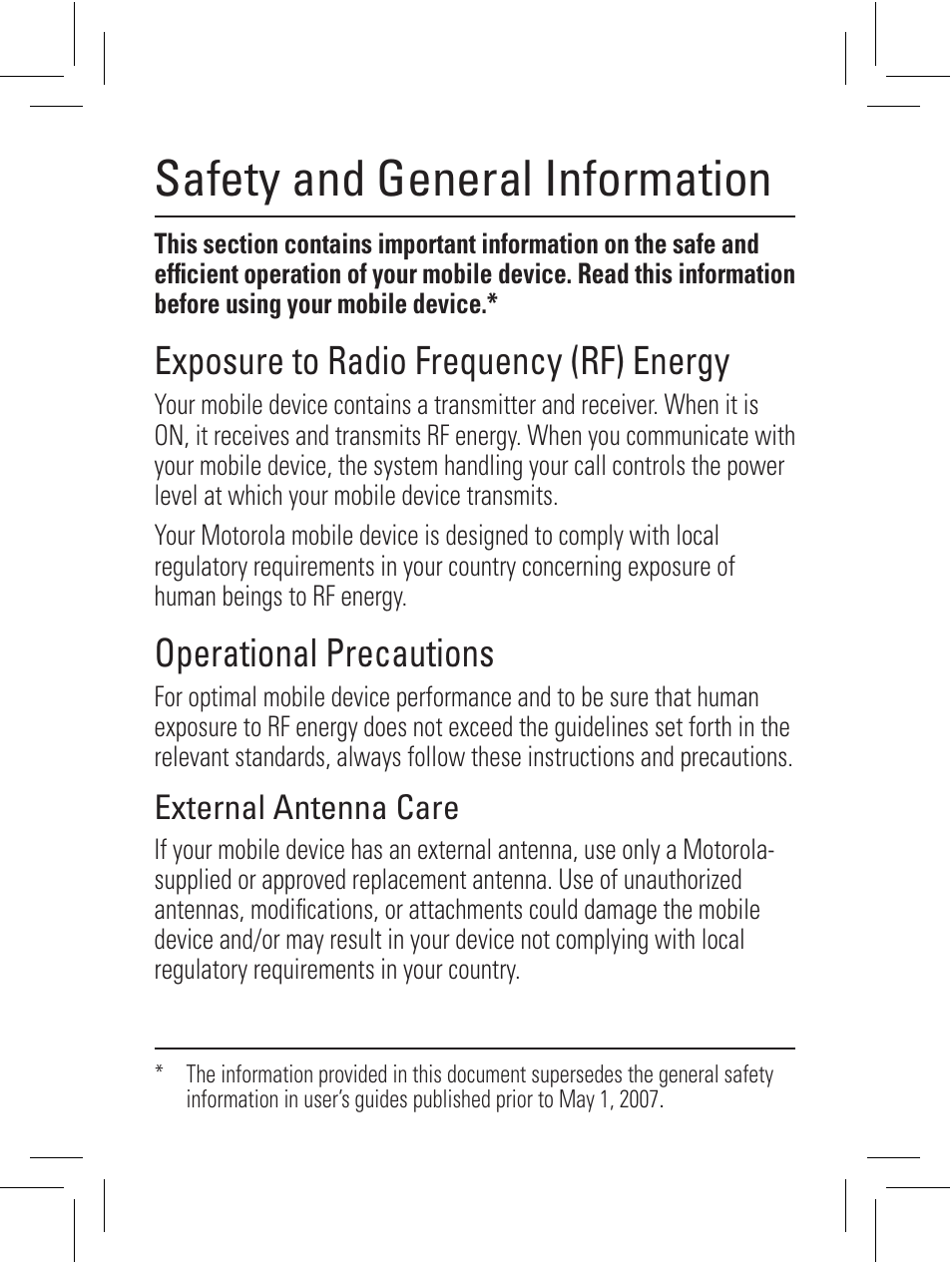 Safety and general information, Exposure to radio frequency (rf) energy, Operational precautions | Motorola 6802932J69 User Manual | Page 25 / 80