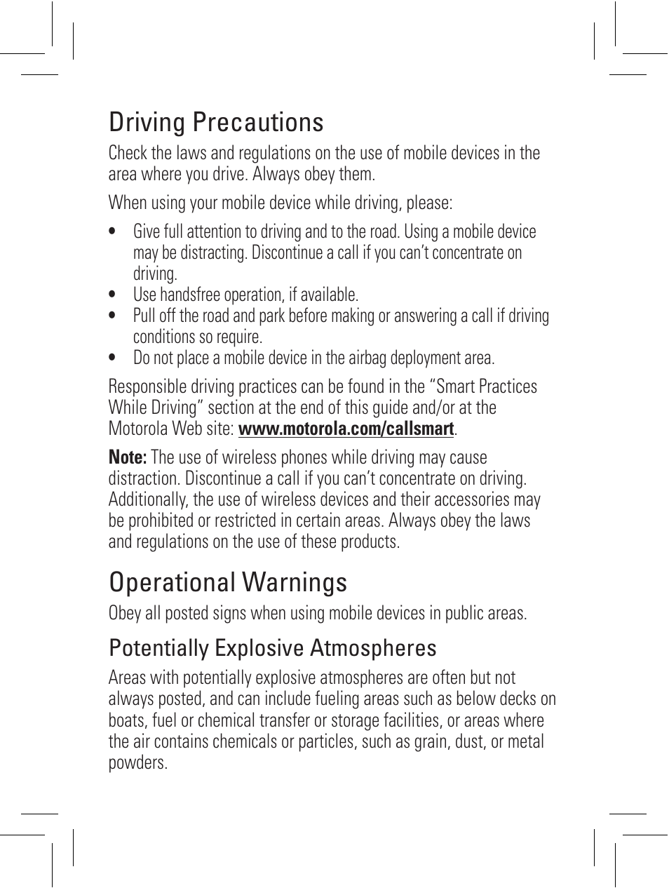 Driving precautions, Operational warnings | Motorola 6802932J69 User Manual | Page 28 / 80