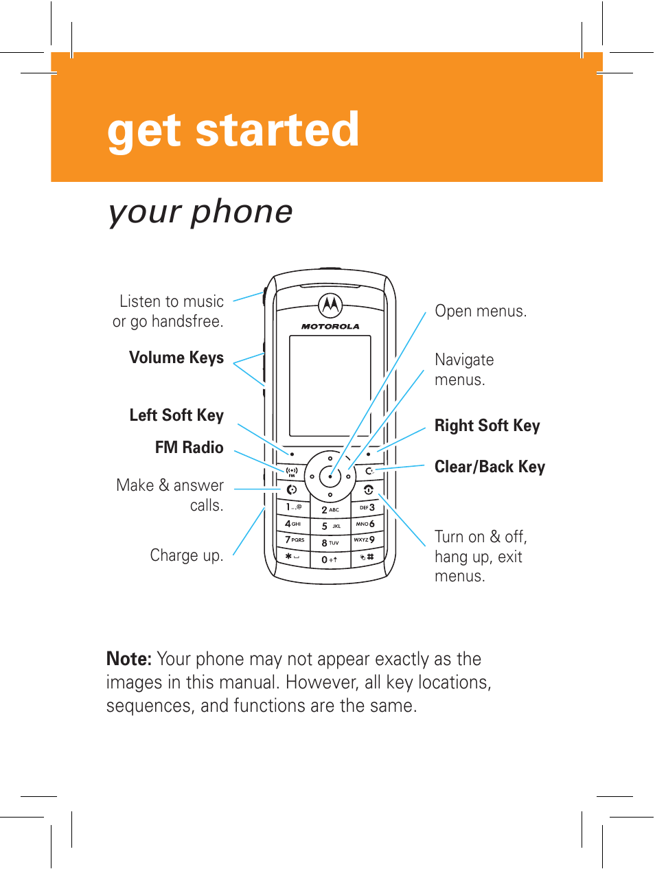 Get started, Your phone | Motorola 6802932J69 User Manual | Page 3 / 80